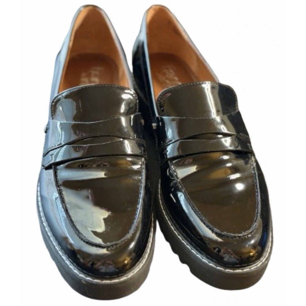 Franco Sarto Cassandra Platform Penny Loafers Womens 9M Black Patent Lug Sole